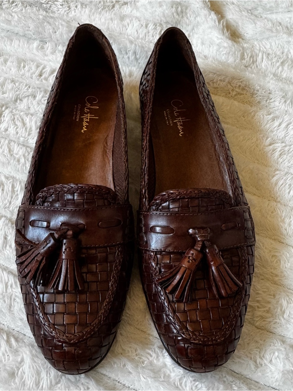 Vintage 90s Italian Leather Women’s Brown Woven Cole Haan Tassel Loafer